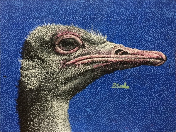 Atul - Ostrich painting in acrylic paint at Oam Studios Art School. Pointillist painting created over 6 months time.