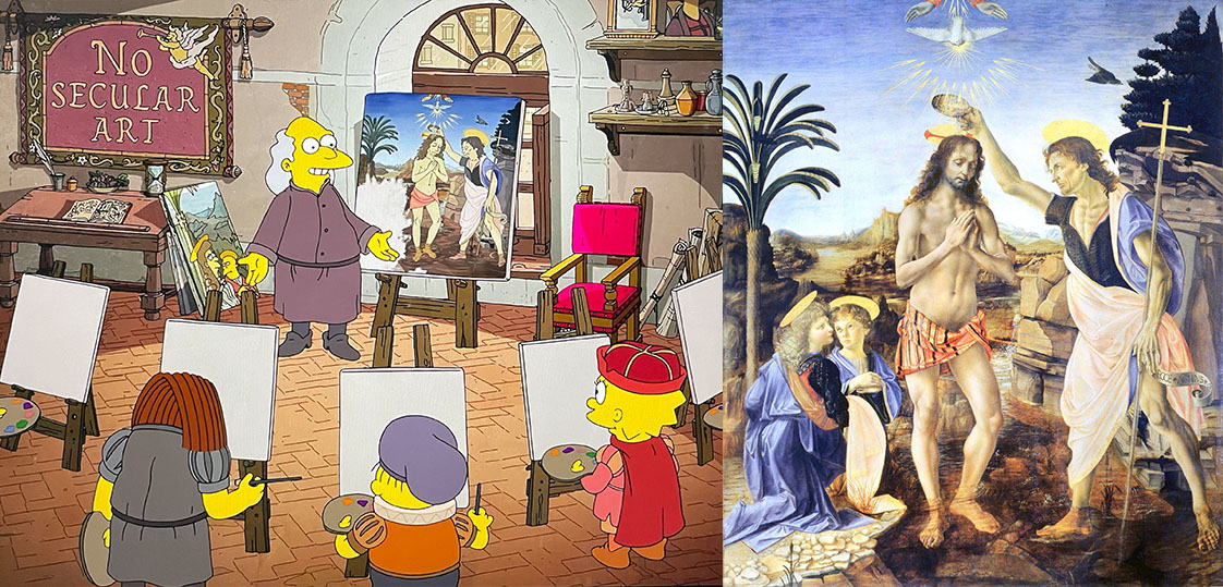 Comparison of Verrocchio’s Baptism of Christ and Matt Groening’s from The Simpsons