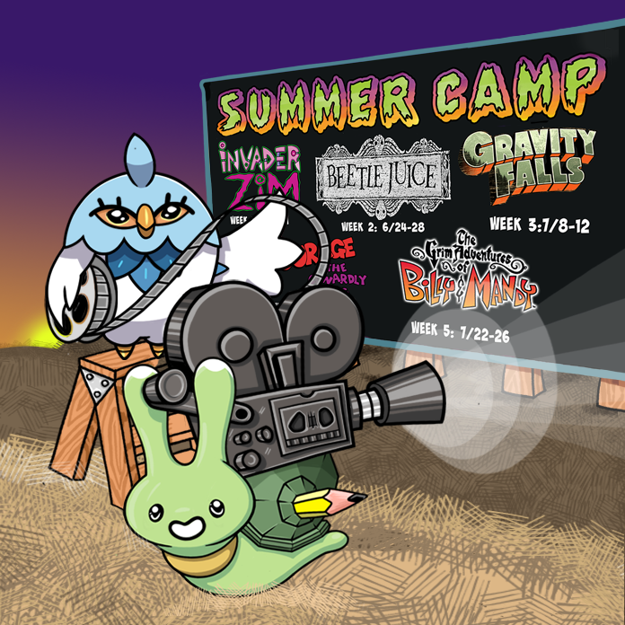 Feature image for the summer camp page that shows a cartoon owl and cartoon snail with an old fashion movie theater projector